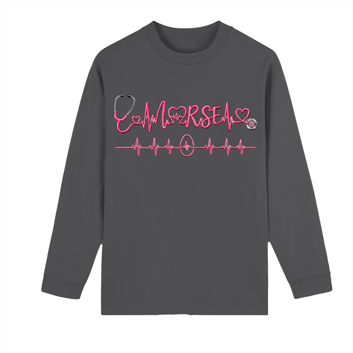 Not All Heroes Wear Capes long sleeve tee featuring a heartbeat design and stethoscope on a gray shirt.