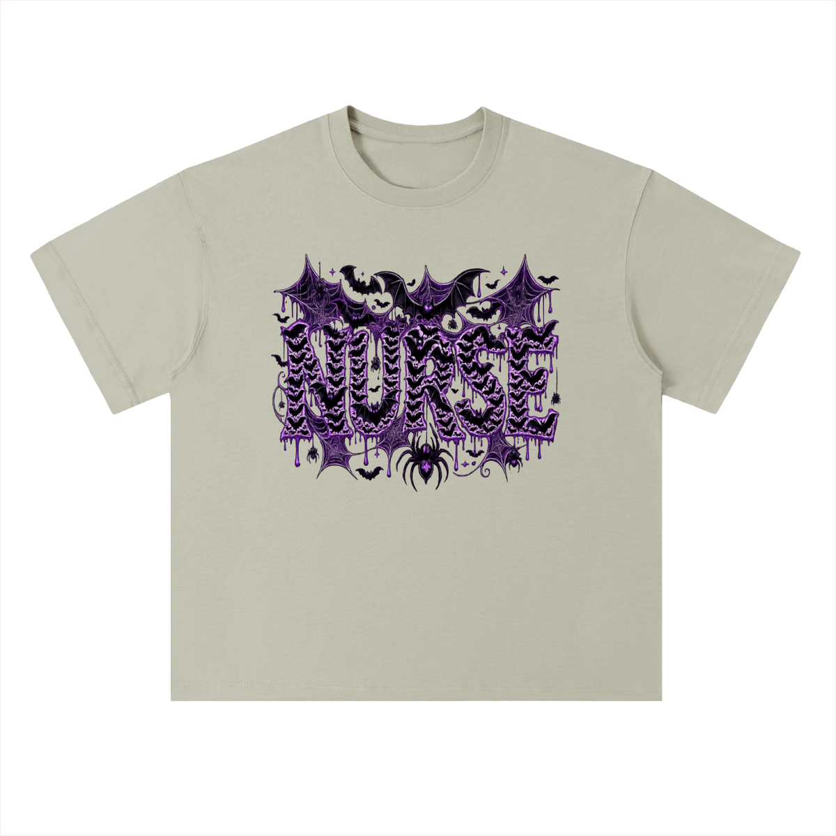 Nurse After Dark Heavyweight Oversized Tee featuring spooky bats and purple graphic design.