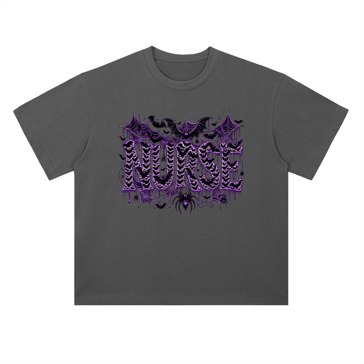 Nurse After Dark Heavyweight Oversized Tee featuring spooky bats and purple graphic design.