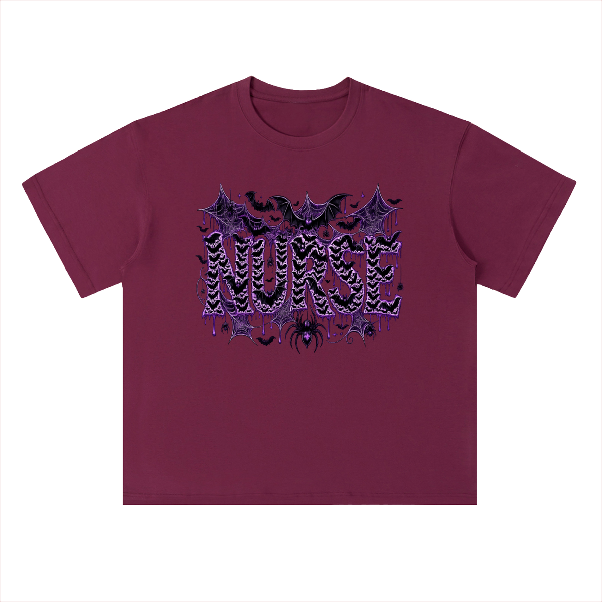 Nurse After Dark Heavyweight Oversized Tee featuring spooky bats and purple graphic design.