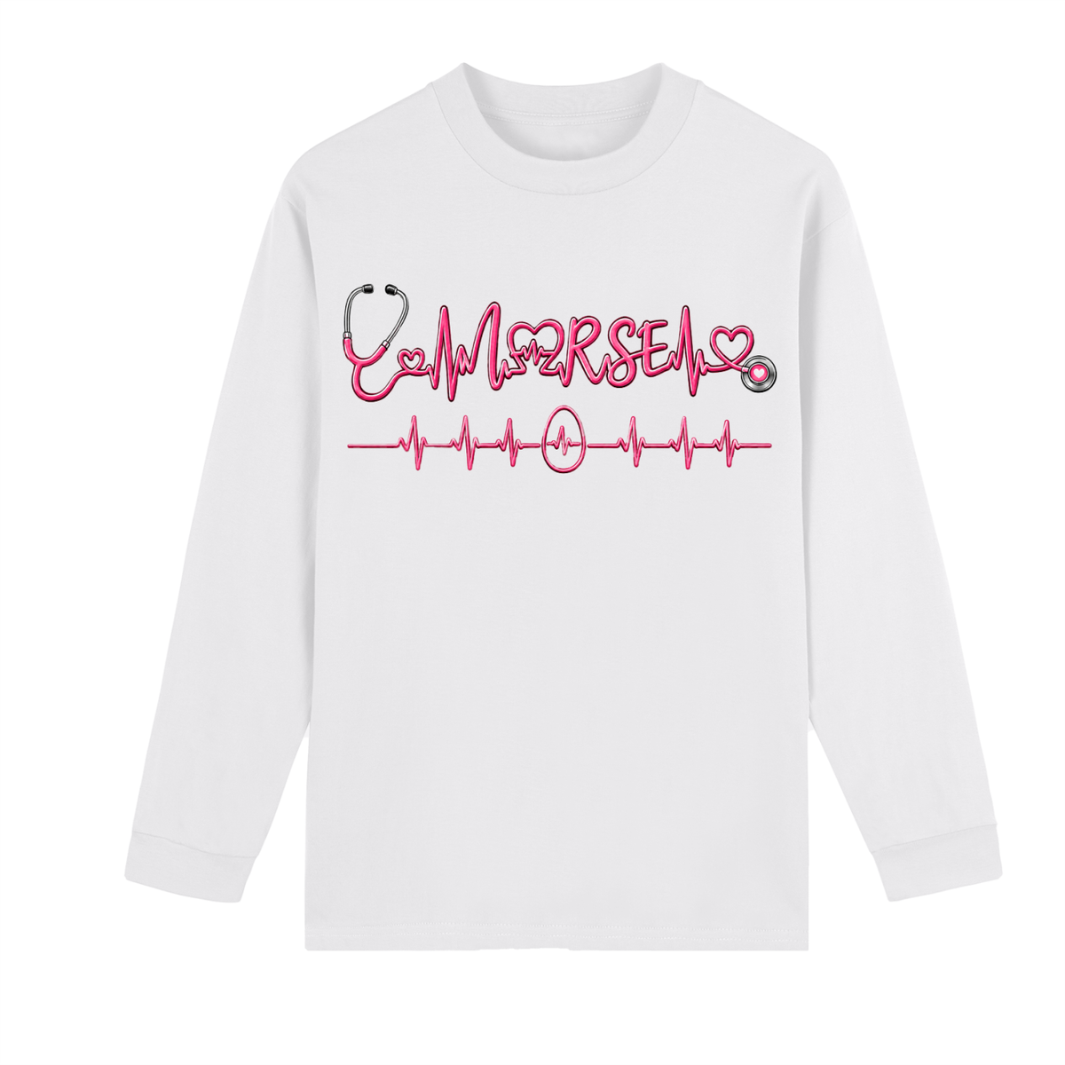 Not All Heroes Wear Capes long sleeve tee featuring a heartbeat design and stethoscope graphic.