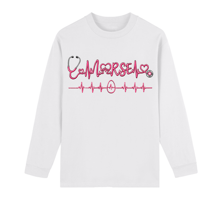 Not All Heroes Wear Capes long sleeve tee featuring a heartbeat design and stethoscope graphic.