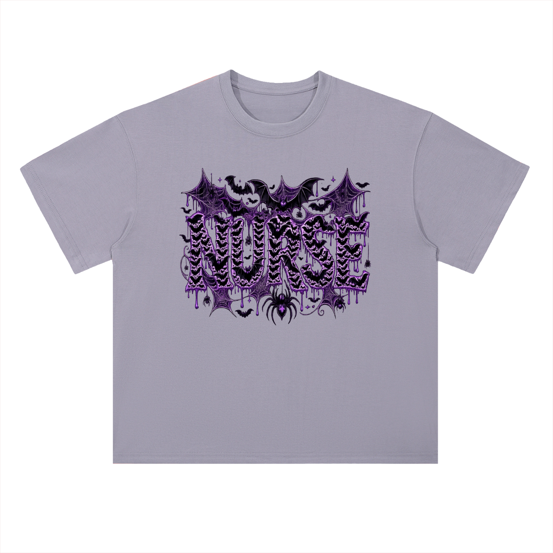 Nurse After Dark Heavyweight Oversized Tee featuring spooky bats and purple graphic design.