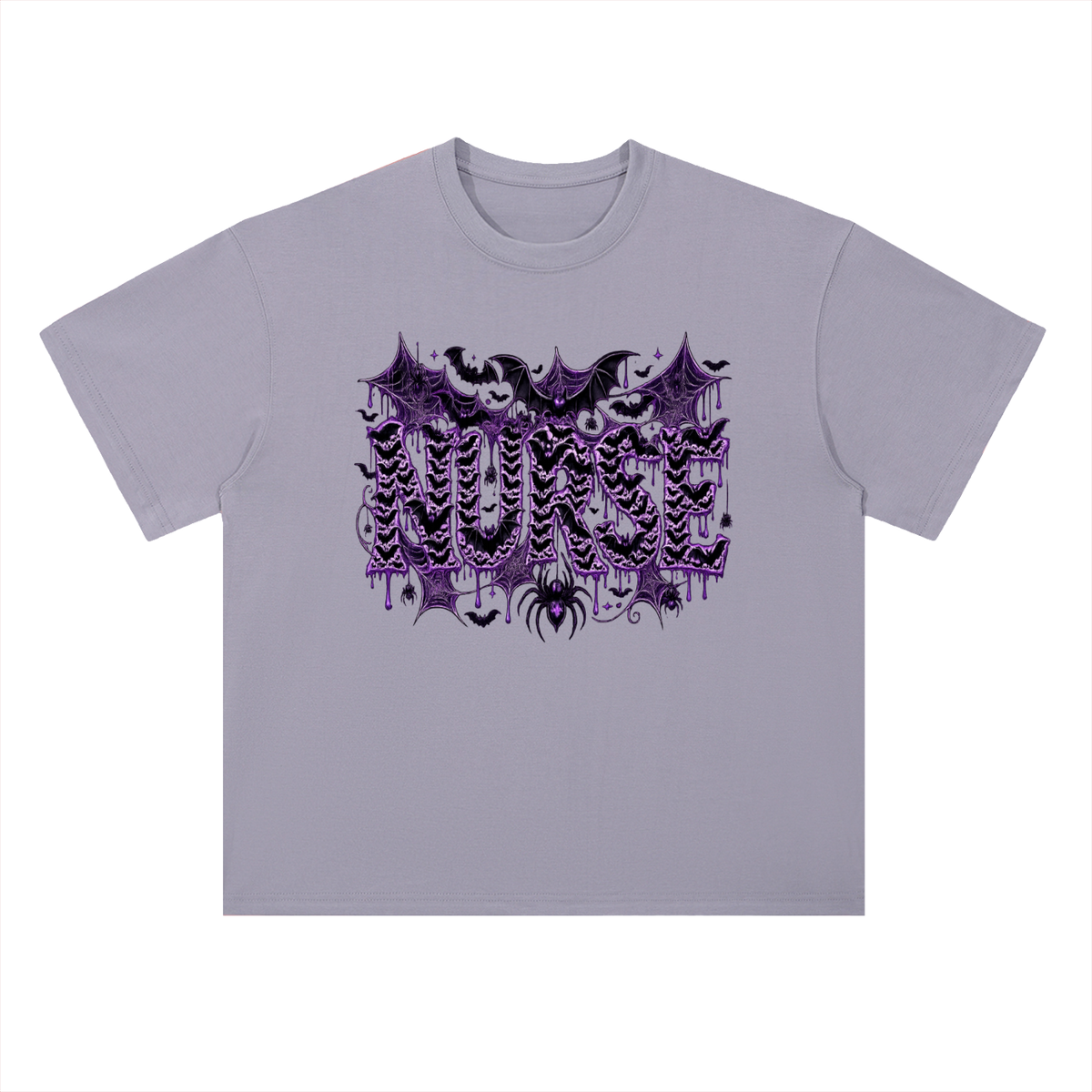 Nurse After Dark Heavyweight Oversized Tee featuring spooky bats and purple graphic design.