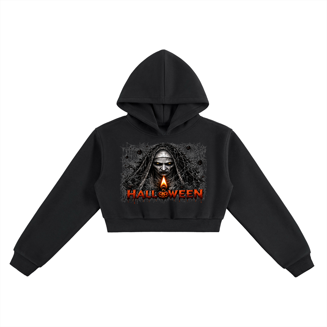 Cropped hoodie for casual wear featuring a Halloween graphic design with a spooky figure.