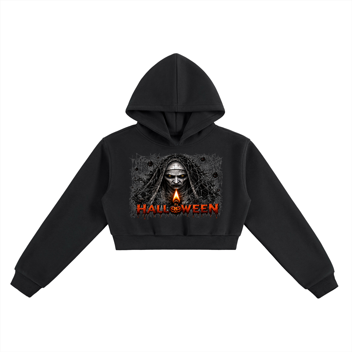 Cropped hoodie for casual wear featuring a Halloween graphic design with a spooky figure.