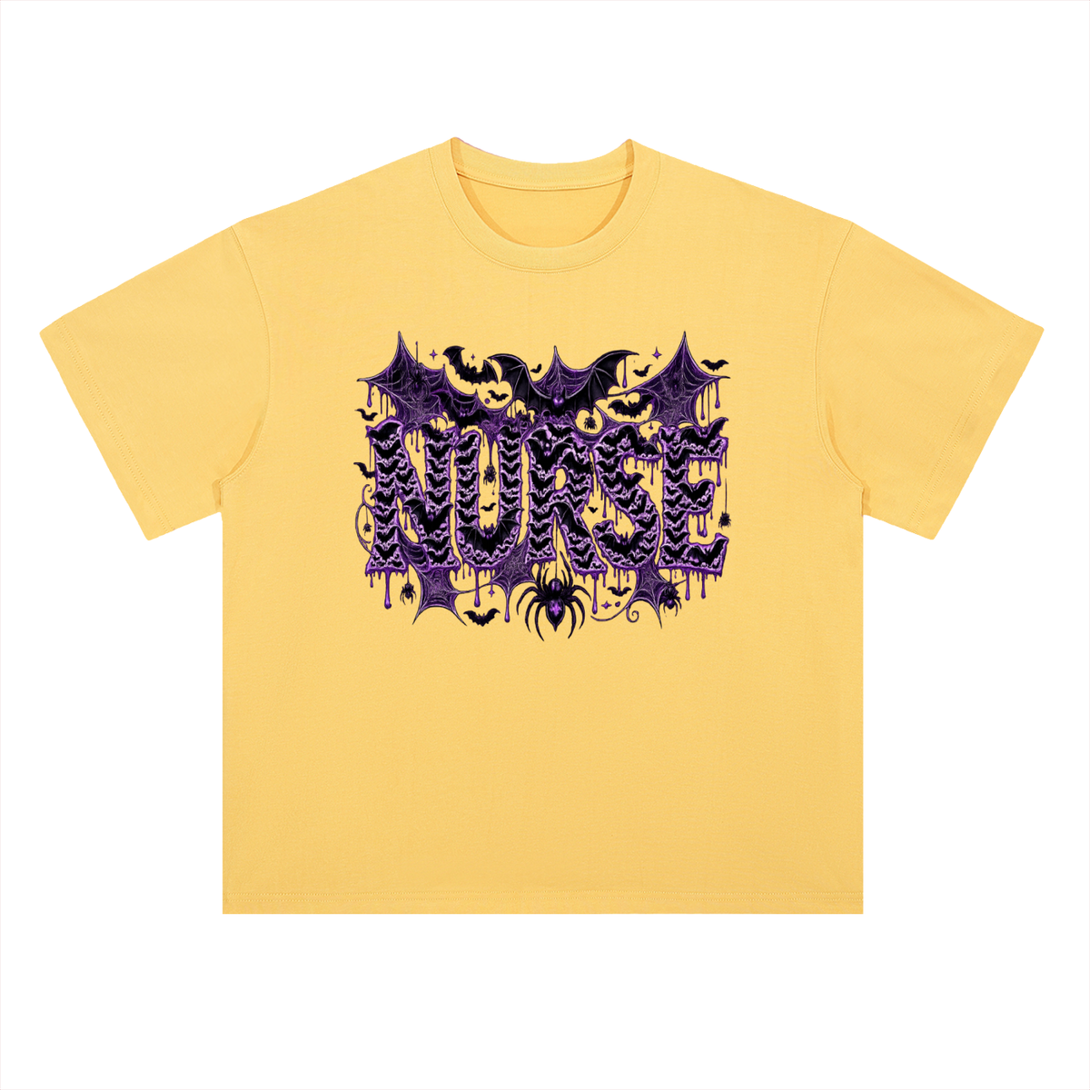 Nurse After Dark Heavyweight Oversized Tee with spooky graphic featuring bats and spiderwebs on a yellow shirt.