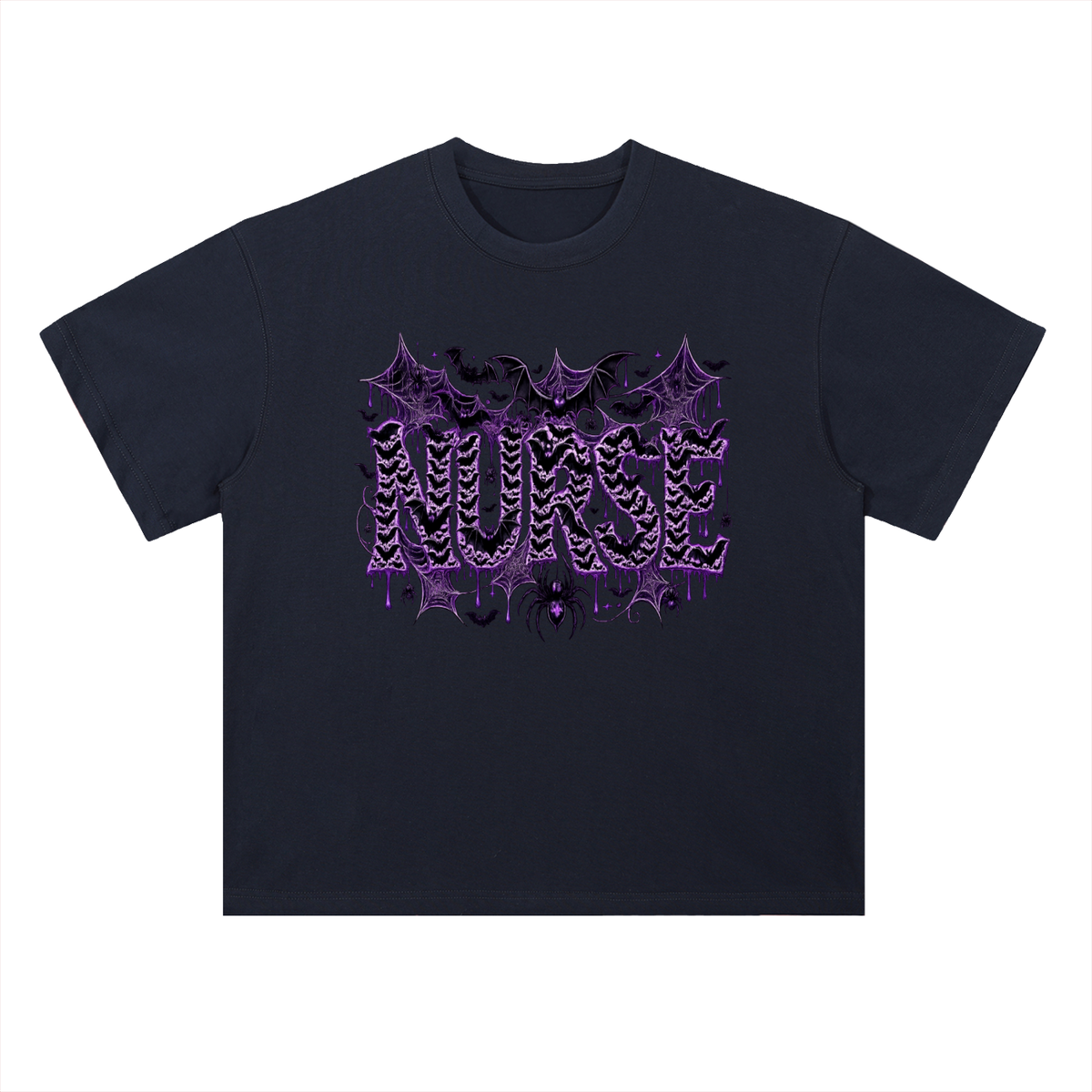 Nurse After Dark Heavyweight Oversized Tee featuring spooky bats and purple graphic design.