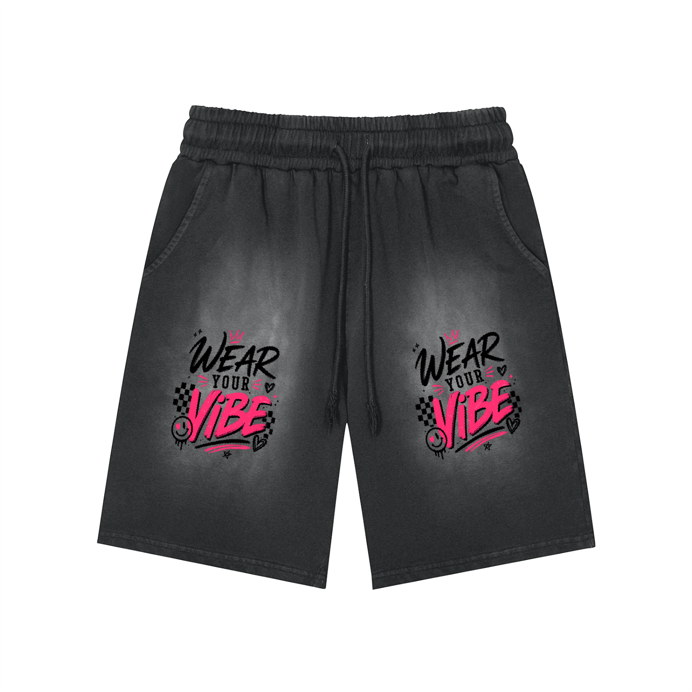 "Vibe Check" Rectangle Patch Monkey Washed Shorts