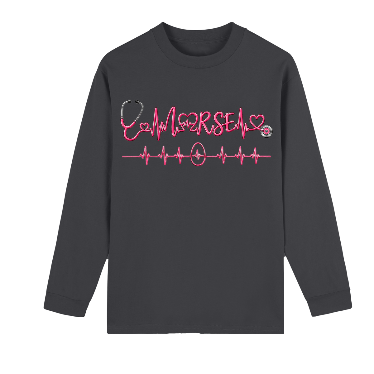 Not All Heroes Wear Capes long sleeve tee featuring a heartbeat design and stethoscope graphic.