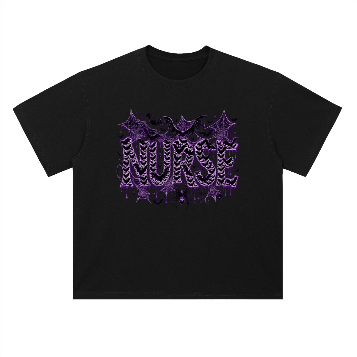 Nurse After Dark Heavyweight Oversized Tee with bold purple graphics on a black background featuring spiderwebs and bats.