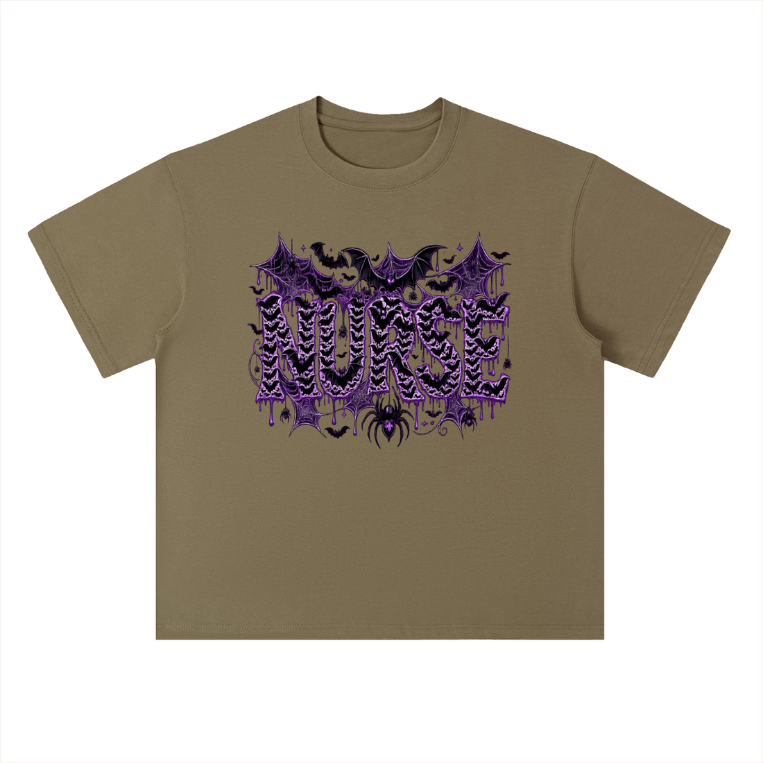 Nurse After Dark Heavyweight Oversized Tee featuring bold purple and black graphic with bats and spiderwebs.