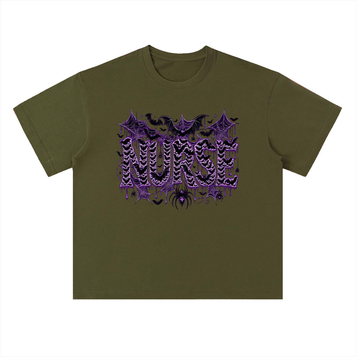 Nurse After Dark Heavyweight Oversized Tee featuring spooky bats and purple graphic design.