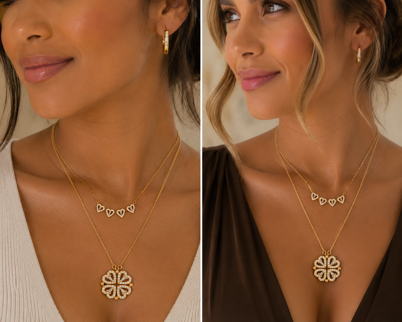 Four-Leaf Clover Heart Pendant Necklace (18K Gold Plated Waterproof)